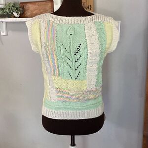 Handmade crochet womens vest 3D cream yellow pink vintage look short sleeved siz